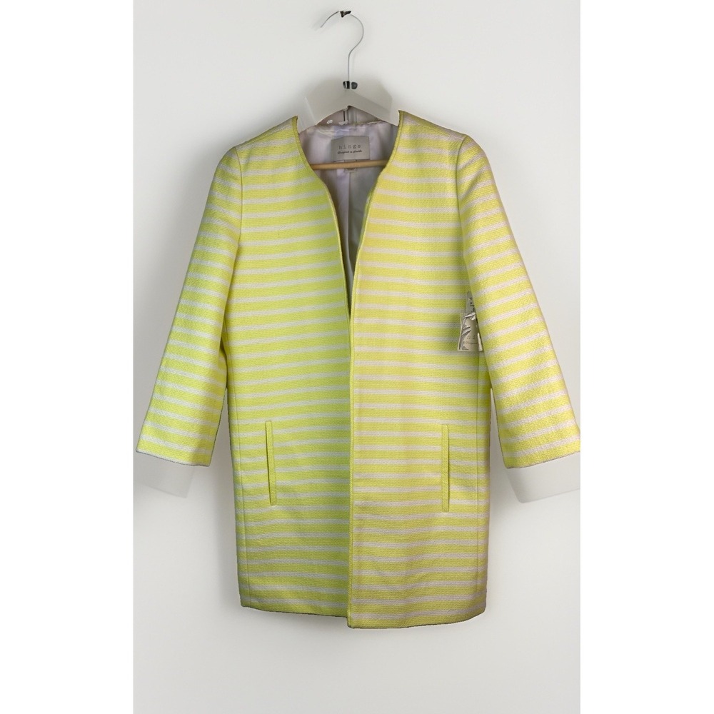 NWT Hinge Women's M Yellow Light Combo Striped Open Mid Length 3/4 Sleeve Coat